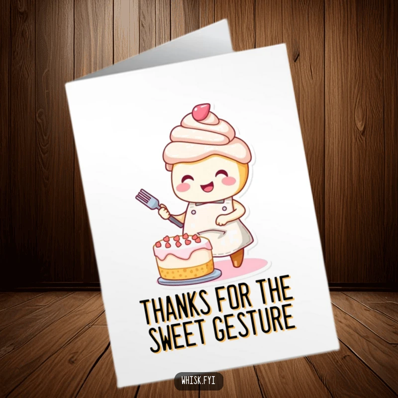 Funny Free Printable Thank You Card: A smiling cupcake in an apron joyfully decorates a cake, with a message of sweet gratitude.