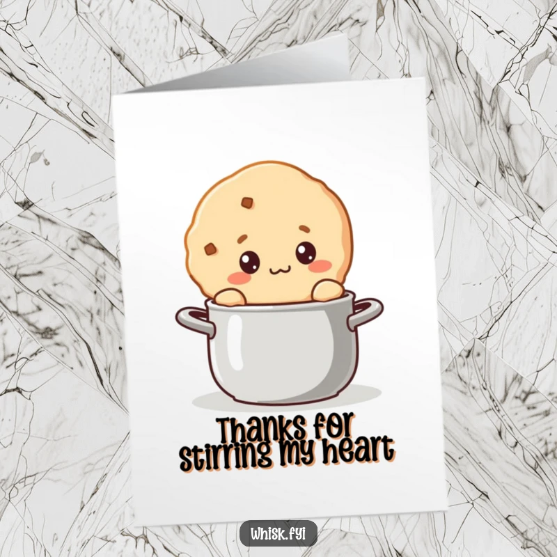 Funny Free Printable Thank You Card: A curious kawaii cookie stirs a pot, offering a unique and heartfelt thank you.