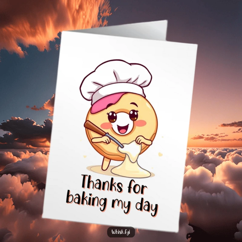 Funny Free Printable Thank You Card: Happy donut chef mixing batter, showing gratitude with a sweet, whisking motion.