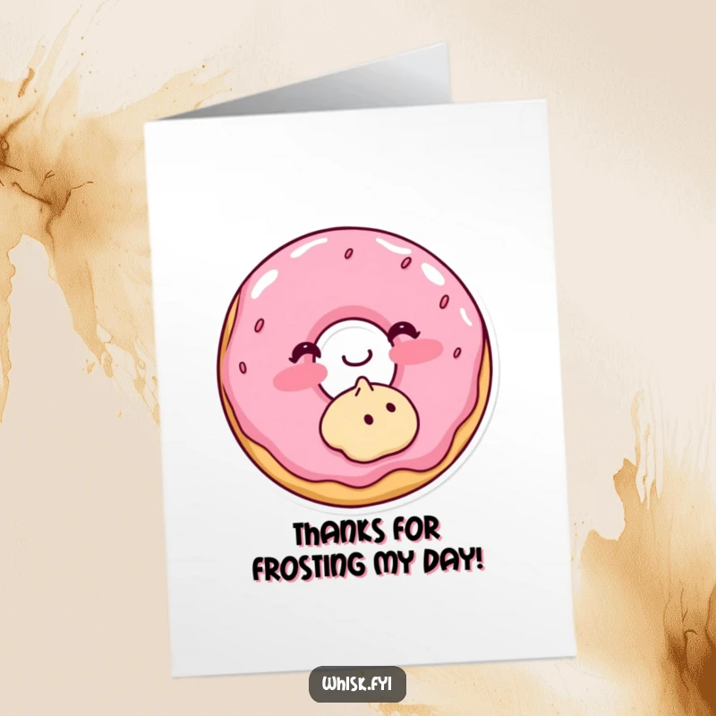 Funny free printable thank you card featuring a blushing donut frosting a cookie, conveying thanks in a sweet way.