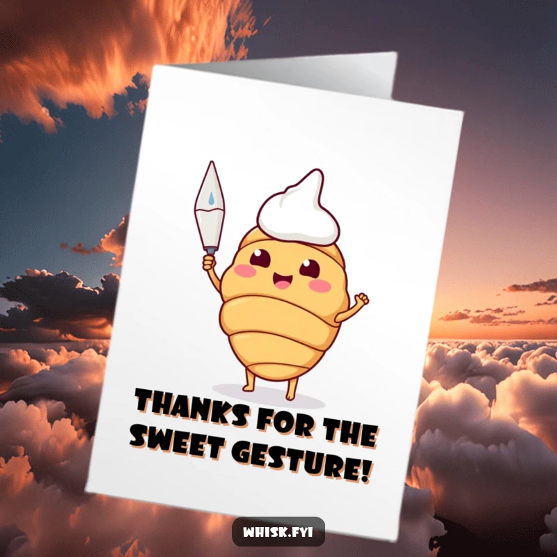 Funny Free Printable Thank You Card: Happy croissant proudly holding a piping bag, baked with gratitude.