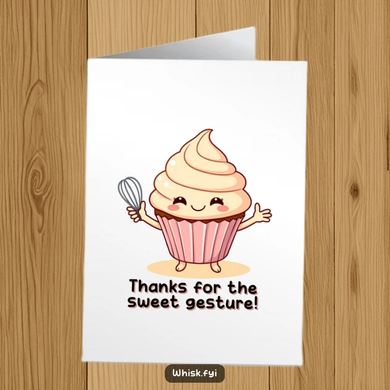Funny Free Printable Thank You Card: A smiling cupcake holds out a whisk, offering baking assistance.