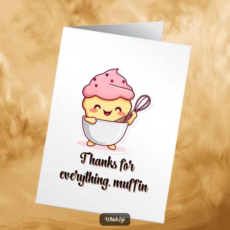 Funny Free Printable Thank You Card: A smiling Kawaii muffin adds ingredients to a bowl with a whisk.