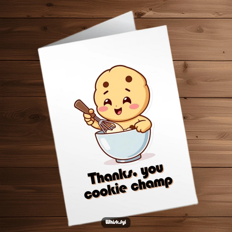 Funny Free Printable Thank You Card: Happy cookie character whisking batter, expressing thanks with a delightful, messy gesture.