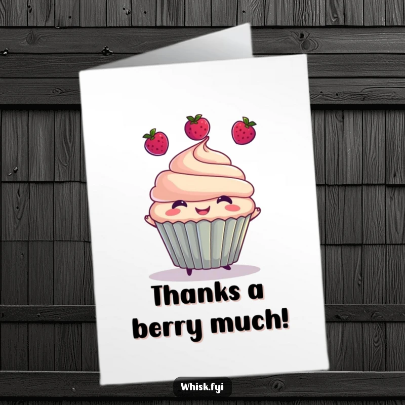 Funny Free Printable Thank You Card: A happy cupcake character juggling three small berries, a delightful way to say thanks.