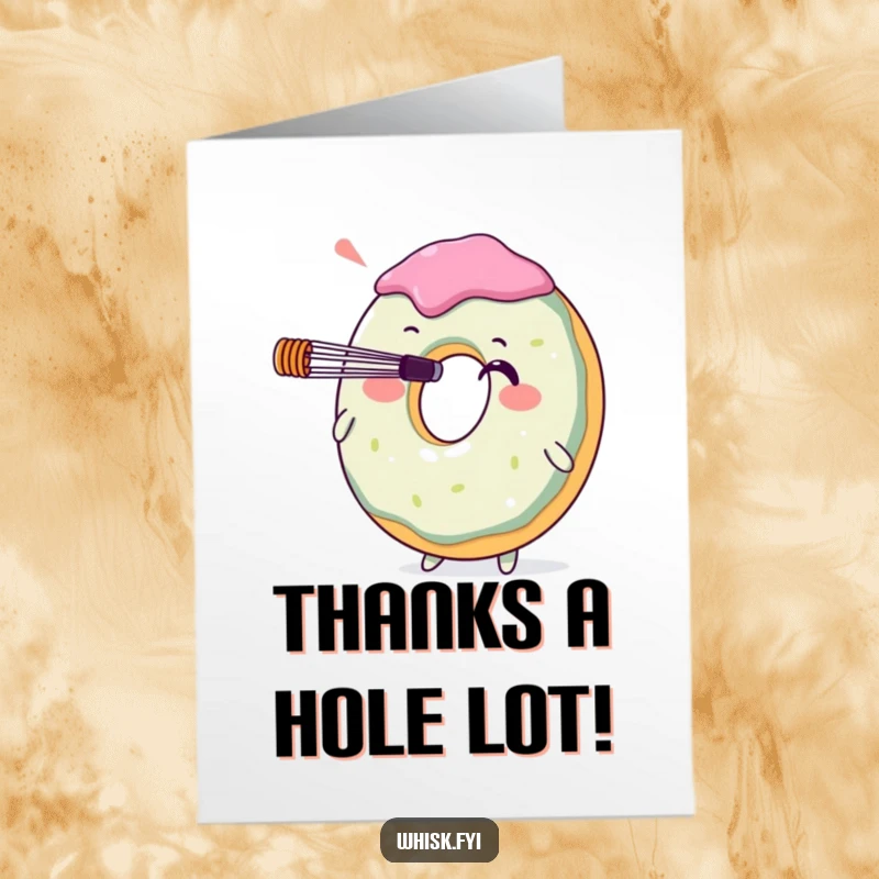 Funny free printable thank you card: A happy donut balancing a whisk on its nose, a sweet gesture of appreciation.