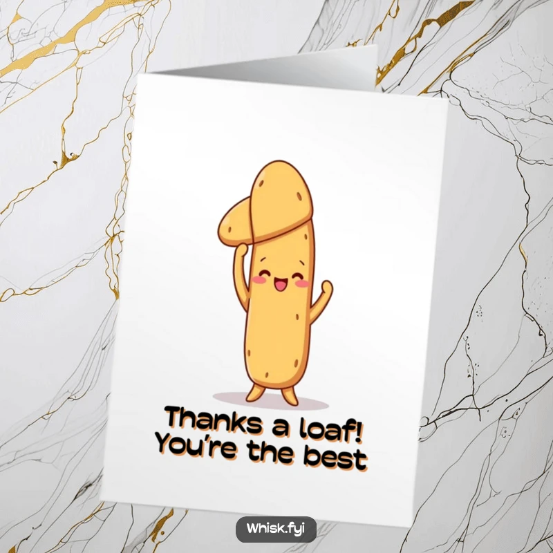 Funny Free Printable Thank You Card: A proud baguette holding up a baked loaf, expressing thanks. Charming downloadable art.
