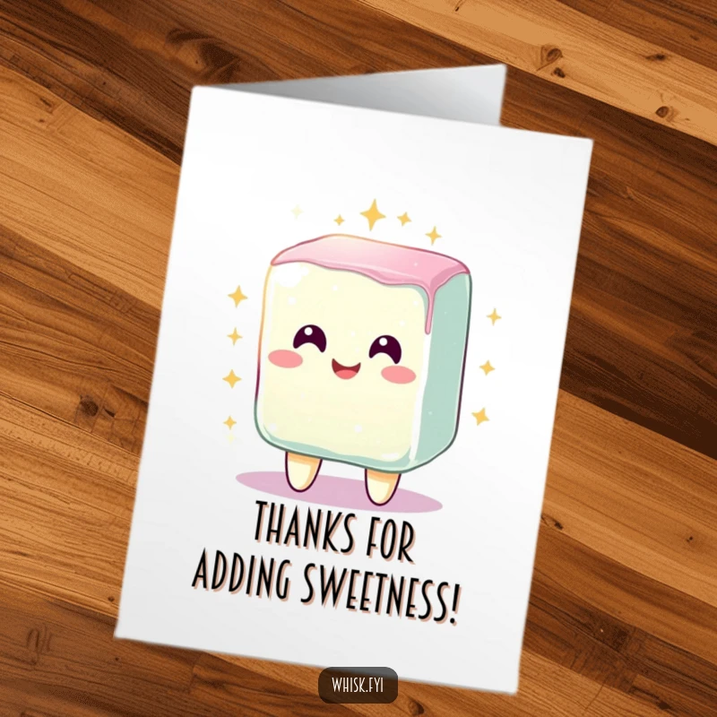 Funny free printable thank you card of a radiant, smiling sugar cube character sparkling brightly with gratitude after mixing.