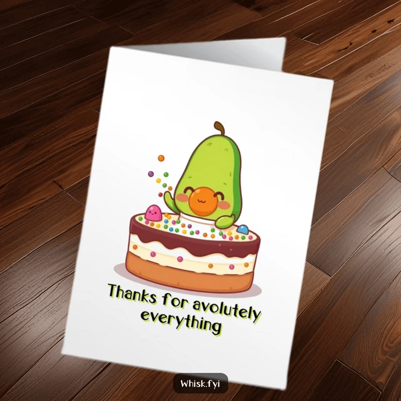 Funny Free Printable Thank You Card: A determined green avocado character in an apron sprinkles colorful dots onto a cake.