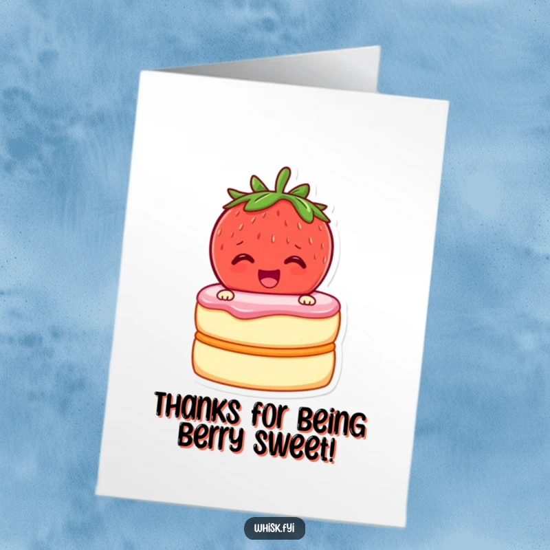 Funny Free Printable Thank You Card: Cheerful strawberry zipping two cake layers together, with thanks to you.