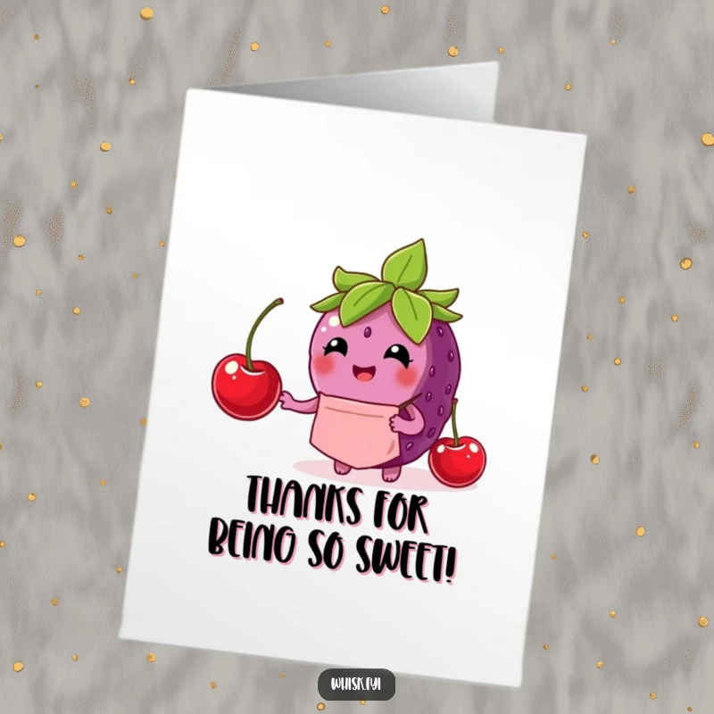 Funny Free Printable Thank You Card: A berry chef in a tiny apron carefully places a cherry, saying thank you.