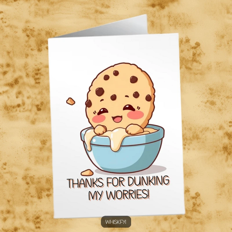 Funny free printable thank you card of a giggling cookie crumbling slightly while being dunked, expressing thanks humorously.