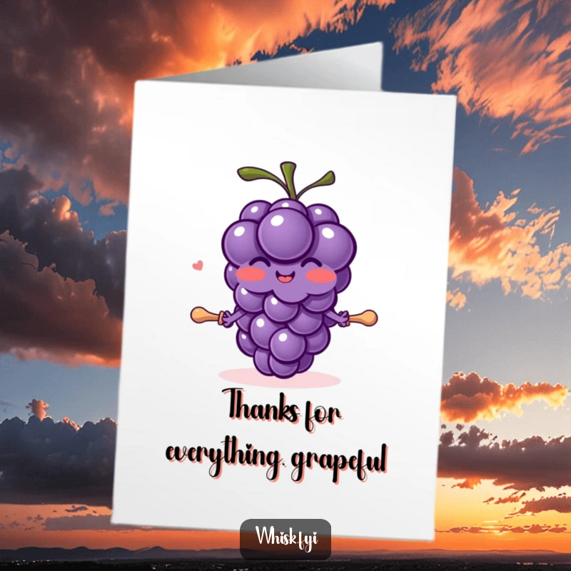 Funny Free Printable Thank You Card: A blushing purple grape character joyfully rolls out dough with a small pin, showing thanks.