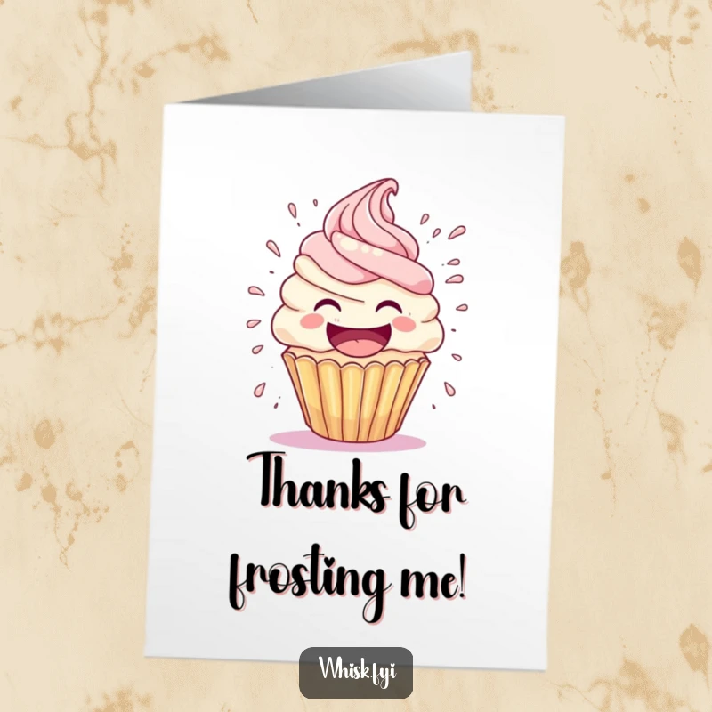 Funny Free Printable Cupcake Thank You Card: a cupcake character with frosting flying off its head, laughing with joy.