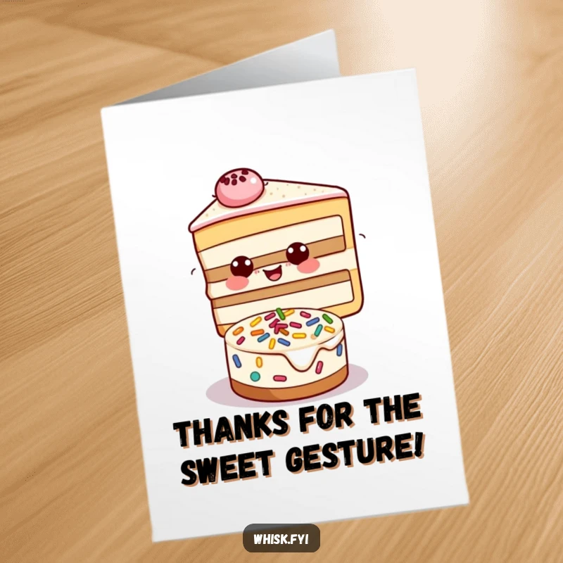 Funny Free Printable Thank You Card showing a happy slice of cake decorating a mini cake with sprinkles, a sweet thank you.