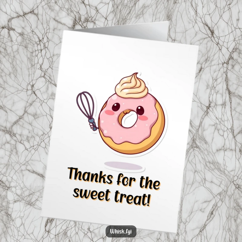 Funny Free Printable Thank You Card: Adorable donut character joyfully whisking frosting, expressing sincere gratitude.
