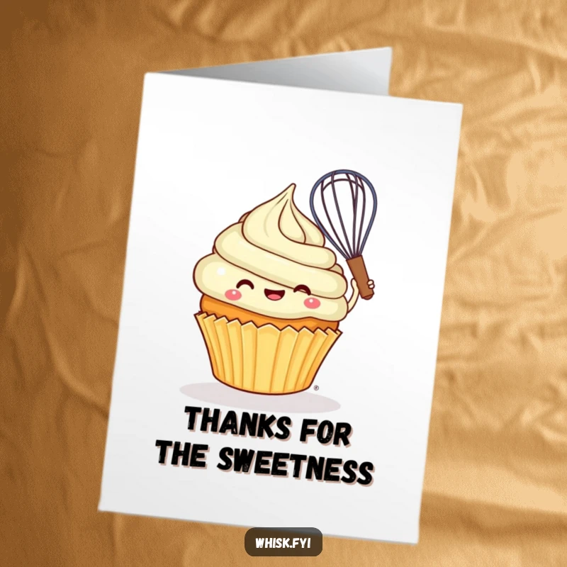 Funny free printable thank you card: A cheerful cupcake joyfully swirls batter, representing a sweet and thankful gesture.