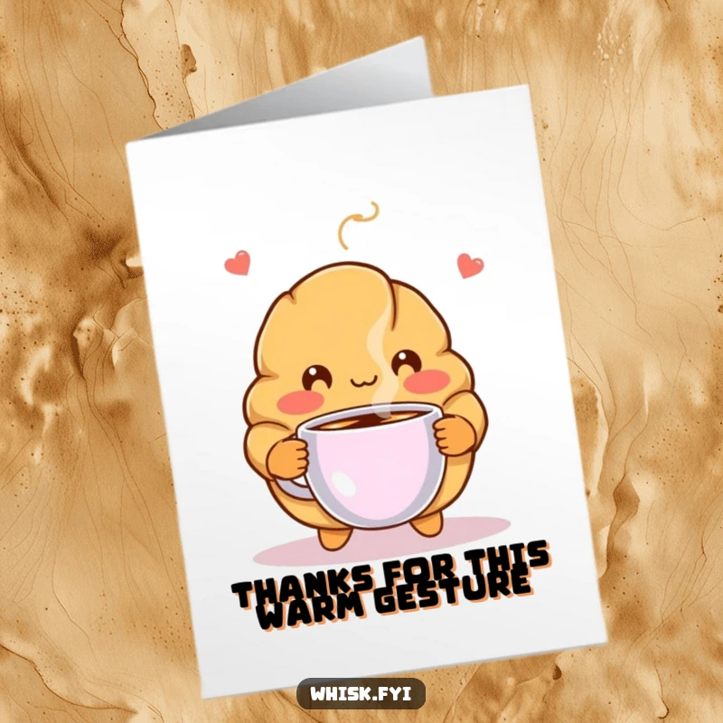 Funny Free Printable Thank You Card: A blushing croissant character offering a comforting cup of coffee, a sweet thank you.