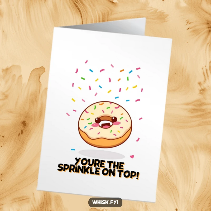 Funny Free Printable Thank You Card Kawaii donut raining colorful sprinkles, expressing thanks with a cheerful disposition.