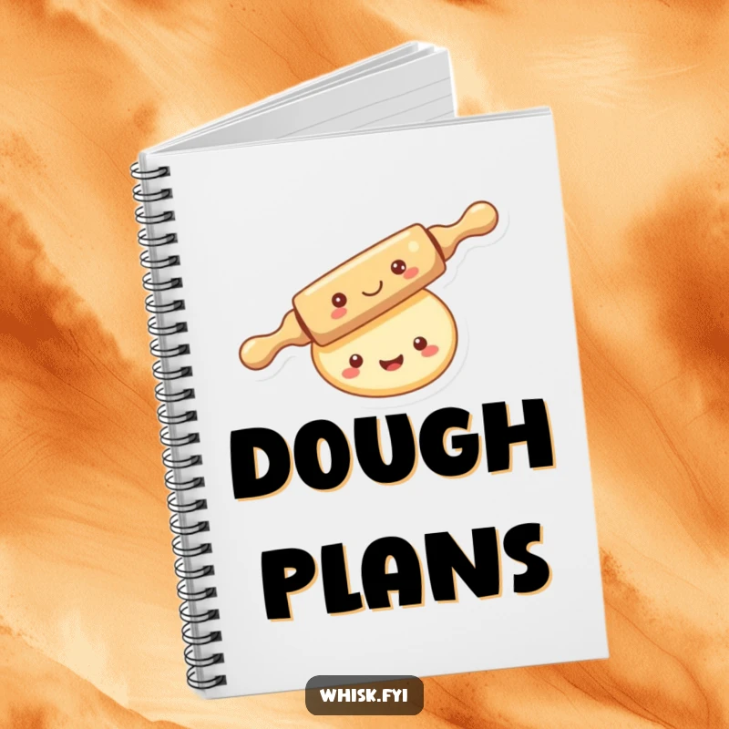 Funny kawaii rolling pin notebook, merrily rolling over a smiling piece of dough, for writing and doodling.