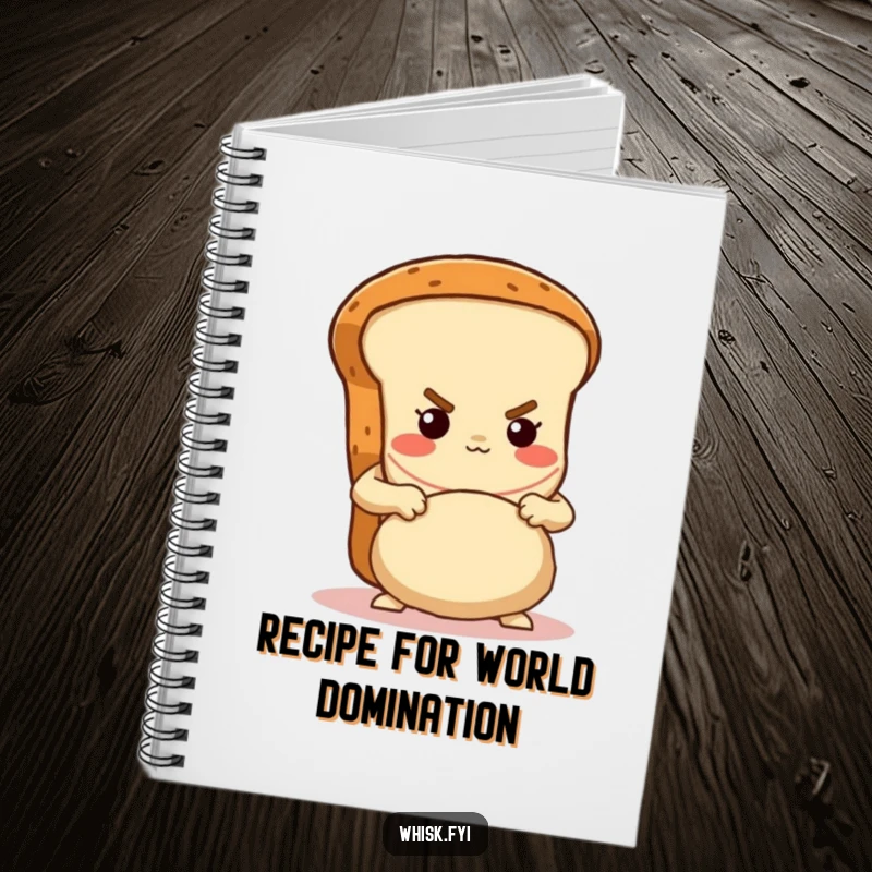 Funny determined brown bread loaf kneading dough with gusto on a notebook cover, a humorous journal for bakers.