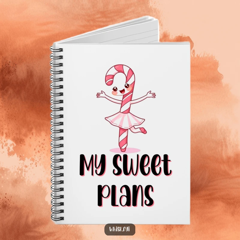 Funny Candy Cane Notebook featuring a cheerful candy cane doing a ballet twirl, perfect for jotting down festive ideas and notes.