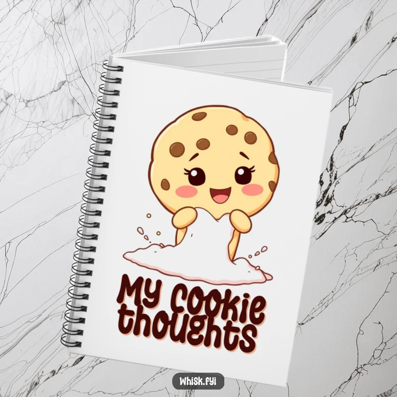 Funny notebook with a giggling cookie character sifting flour, designed for recording recipes and baking notes.