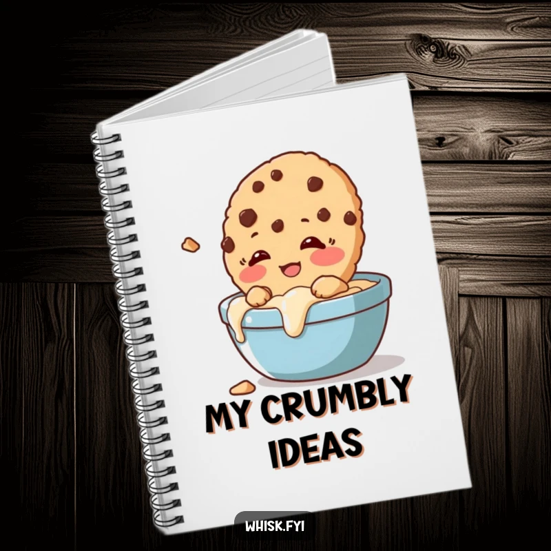 Funny notebook cover with a giggling cookie crumbling slightly as it's dunked, inspiring sweet thoughts.