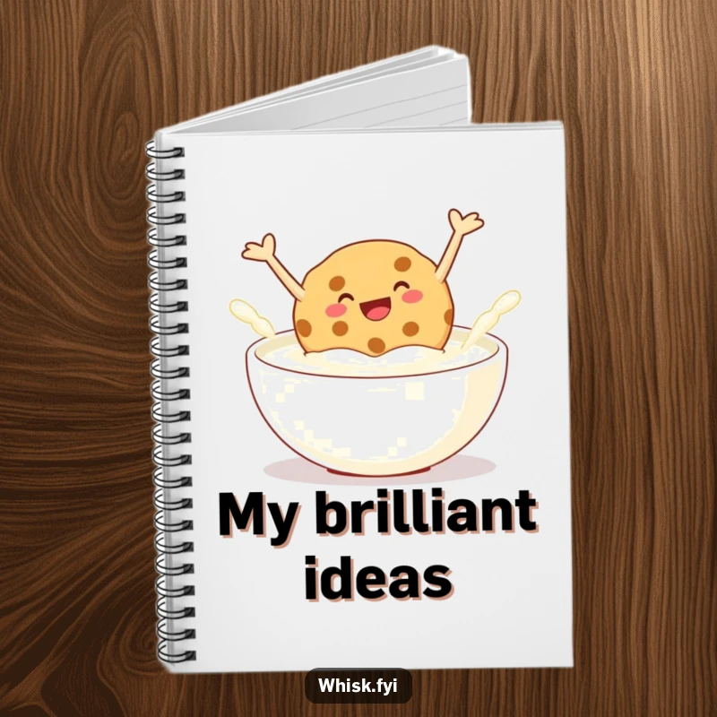 Funny notebook with a giggling cookie jumping into milk, inspiring delicious ideas and creative thoughts with playful charm.