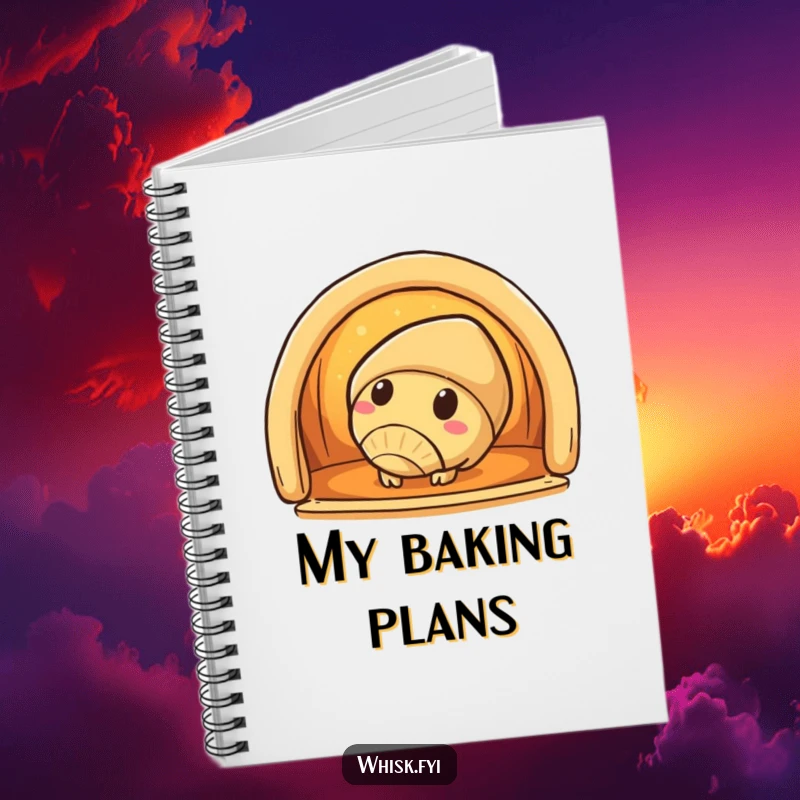 Funny croissant notebook featuring a curious croissant character peeking into a warm oven, perfect for recipes and notes.
