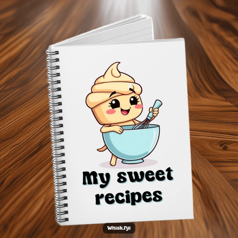 Funny cupcake notebook with a happy baker character diligently whisking ingredients for a sweet recipe.
