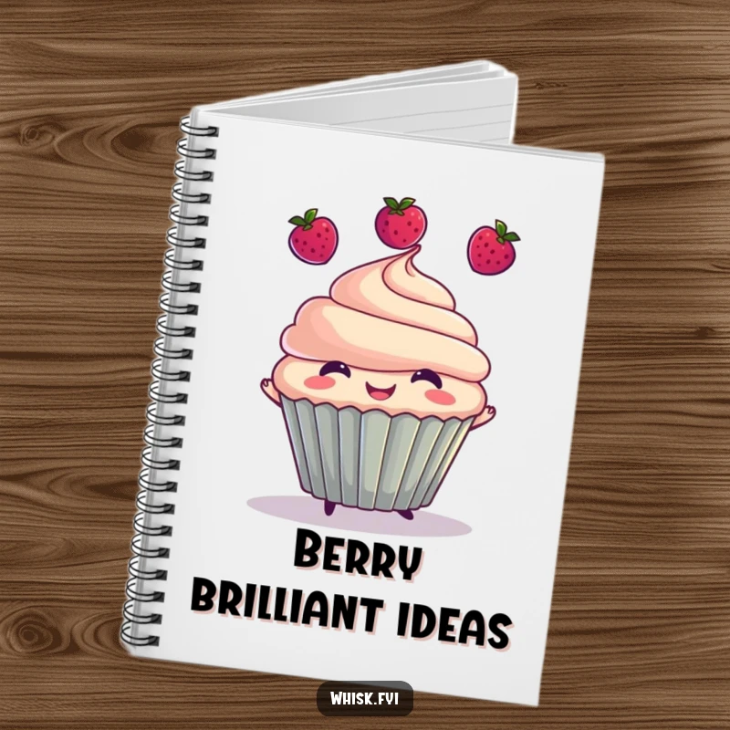 Funny notebook with a smiling cupcake juggling berries on the cover, perfect for jotting down notes with a side of humor.