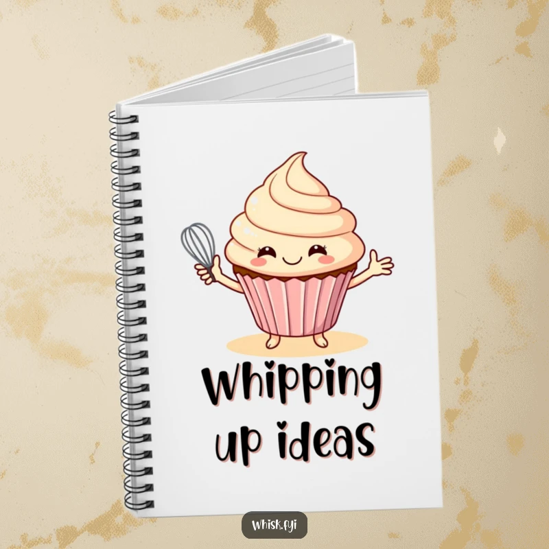 Funny notebook with a smiling cupcake offering a whisk, designed for recording recipes and baking notes.