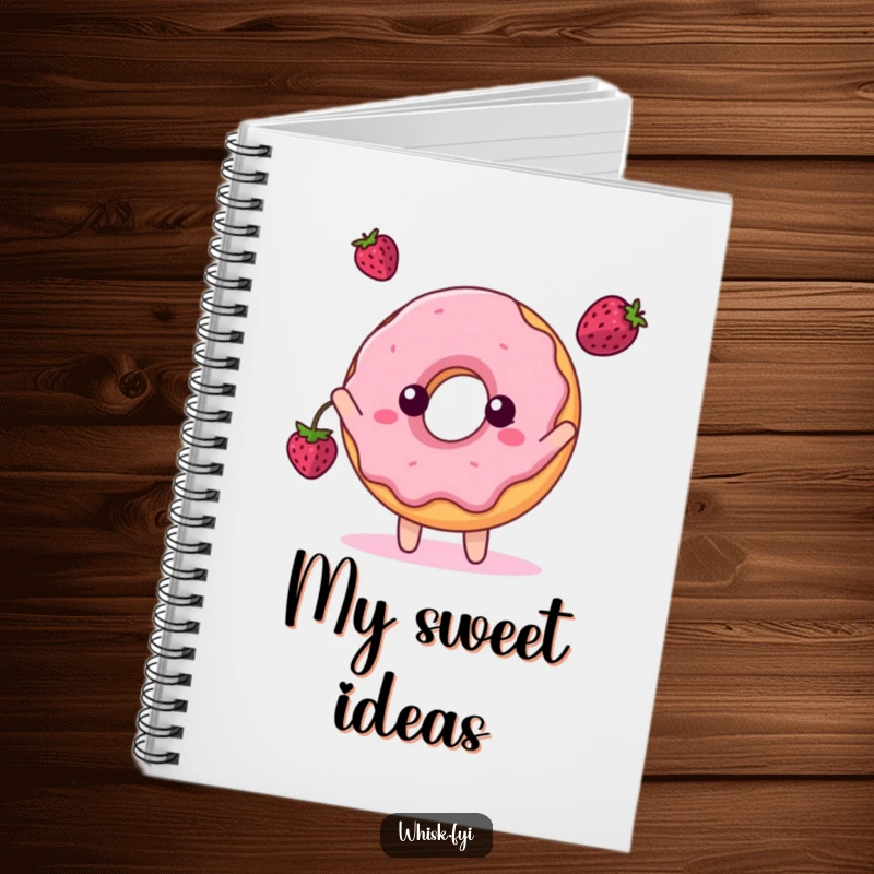 Funny notebook featuring a playful donut character tossing a berry, perfect for jotting down sweet ideas.
