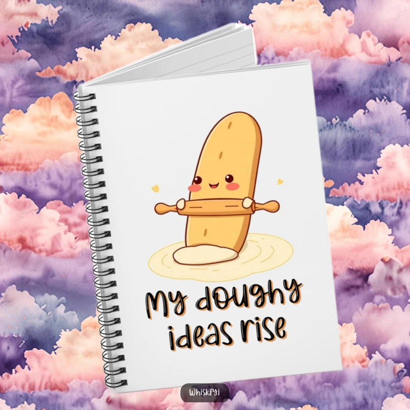 Funny notebook with a gleeful baguette rolling dough with a tiny rolling pin, designed for jotting down notes with a charming baking theme.