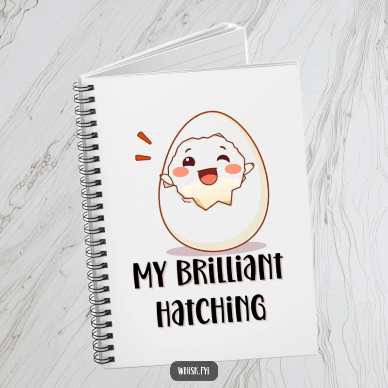 Funny notebook featuring a happy egg character cracking open, perfect for jotting down bright ideas.