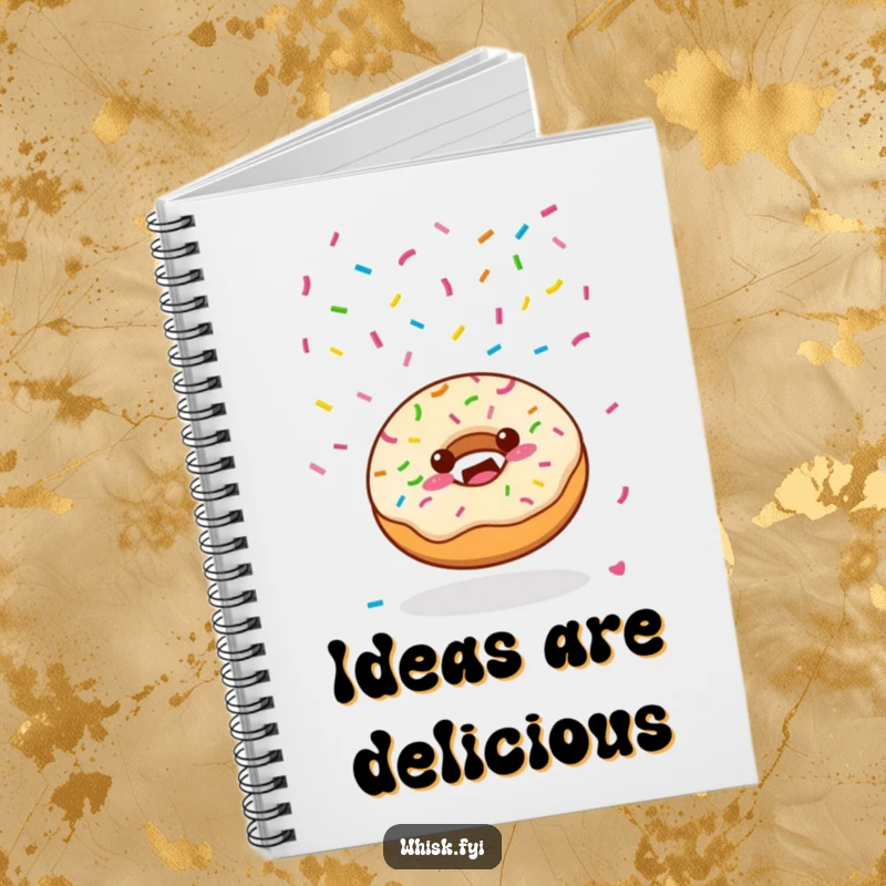 Funny Kawaii donut character joyfully scattering colorful sprinkles from above on a notebook cover, symbolizing sweet ideas.