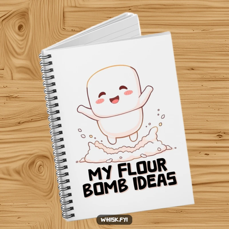 Funny giggling white marshmallow jumping into a flour cloud on a notebook cover, a cute and humorous baking journal.