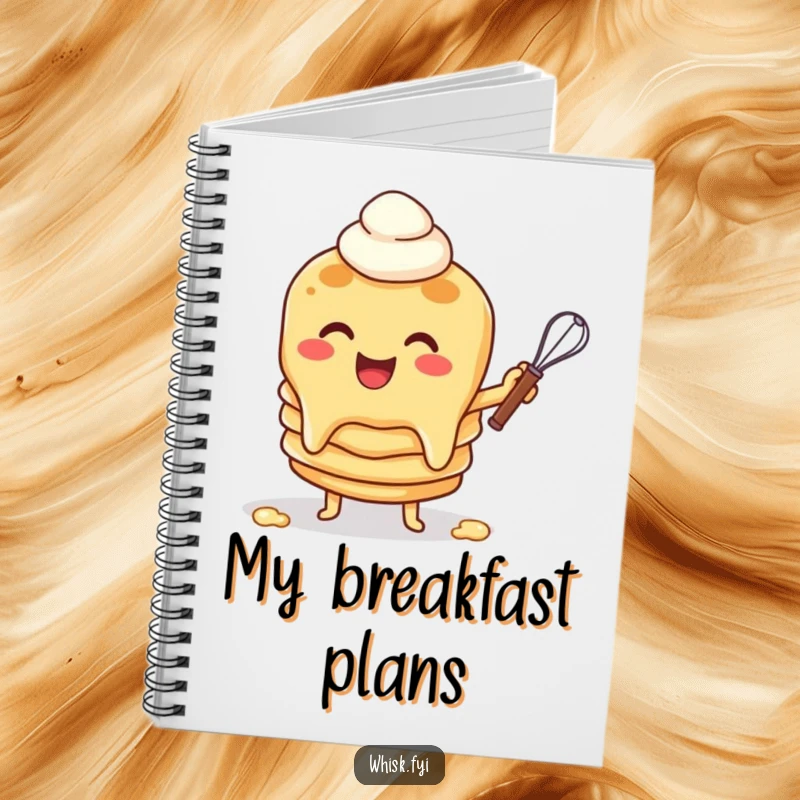 Funny notebook with a cheerful pancake character flipping batter with a whisk, perfect for recording recipes with a humorous breakfast touch.