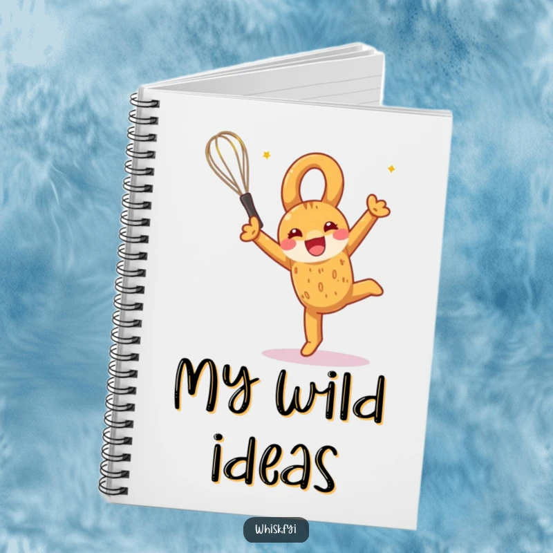 Funny notebook cover depicting a pretzel performing a joyful somersault with a whisk, inspiring creative baking ideas.