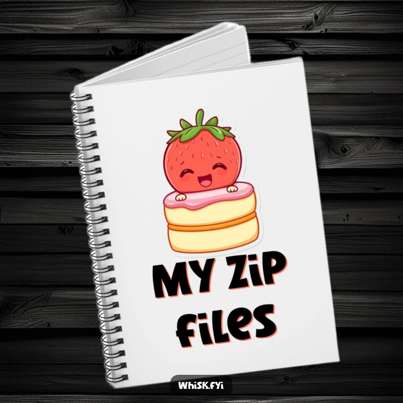 Funny notebook cover with a cheerful strawberry zipping cake layers together, perfect for baking recipes.