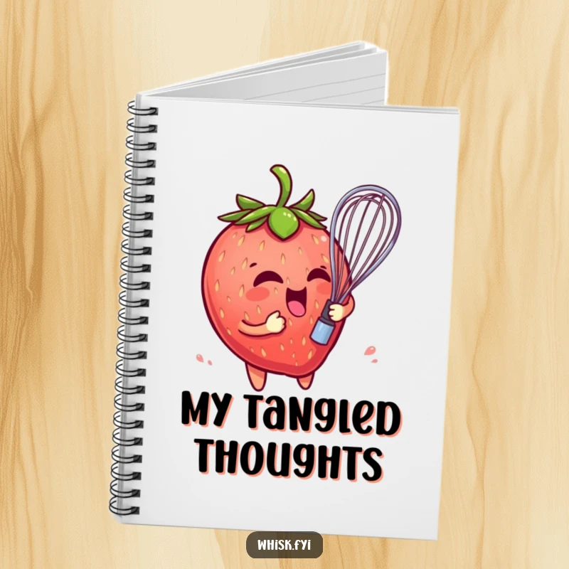 Funny notebook with a playful strawberry character comically entangled in a whisk, perfect for recording ideas with a fruity, humorous touch.
