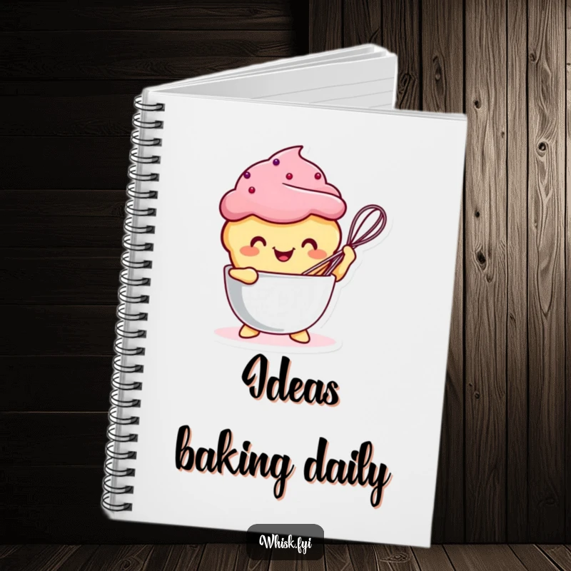 Funny Kawaii muffin character happily whisking in a bowl, perfect for journaling or recipe notes.