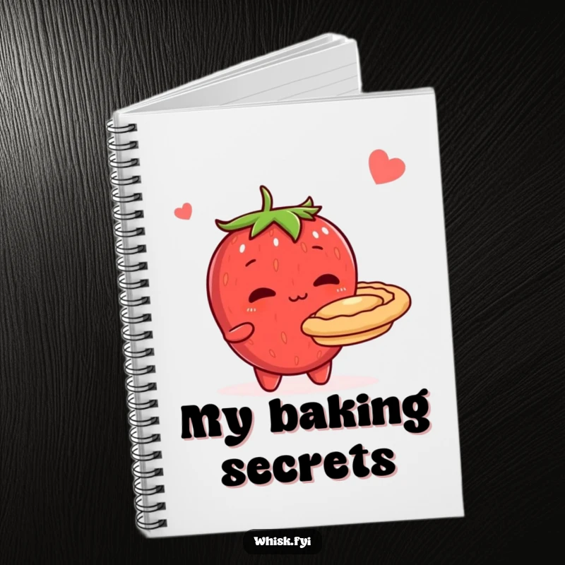 Funny notebook with a shy, blushing strawberry character presenting a homemade pie, perfect for jotting down recipes or daily thoughts.