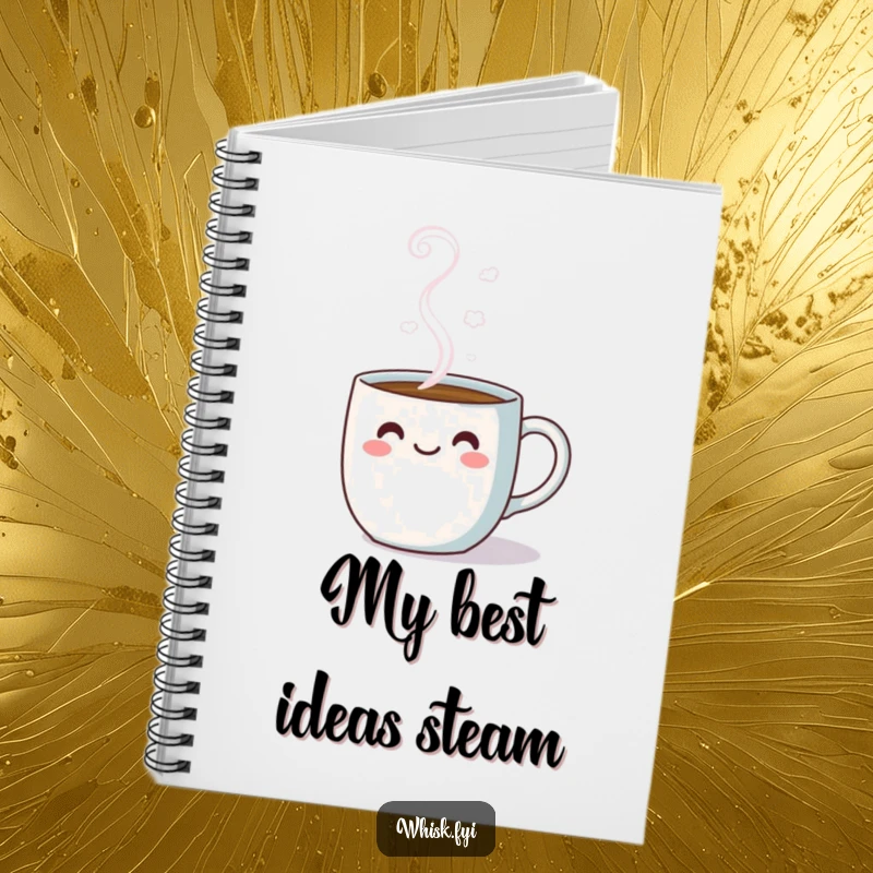 Funny kawaii notebook with a cheerful coffee mug and steam design, perfect for writing and drawing.