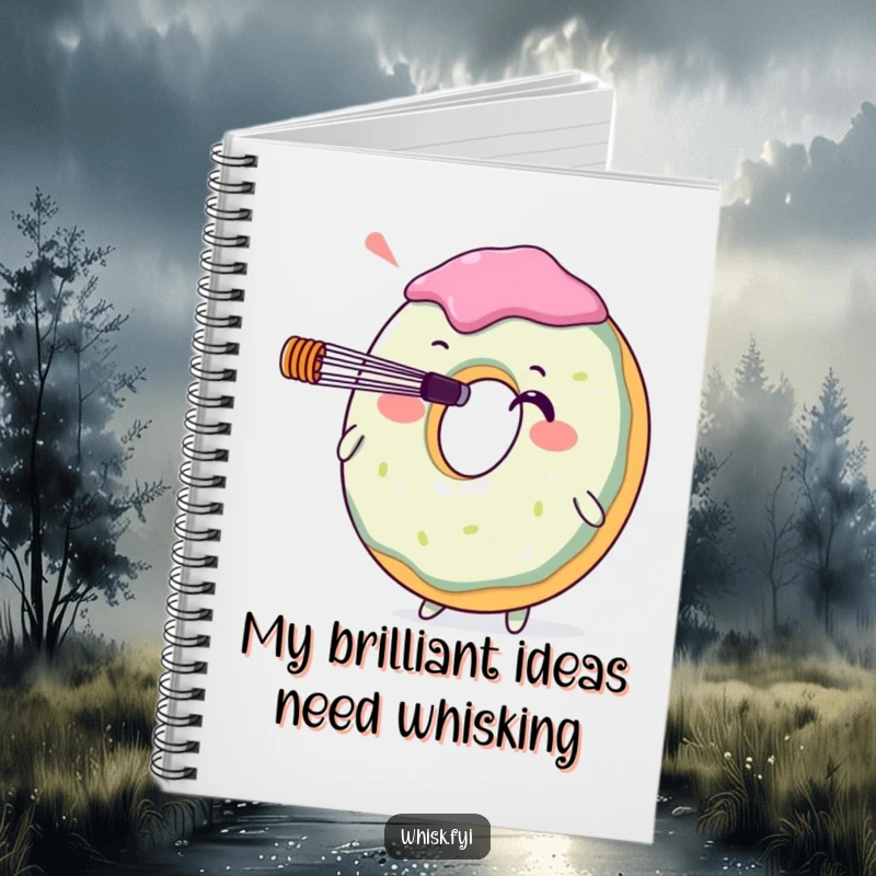 Funny donut character balancing a whisk on its nose, on the cover of a lined notebook. A delightful and humorous tool for writers and bakers.