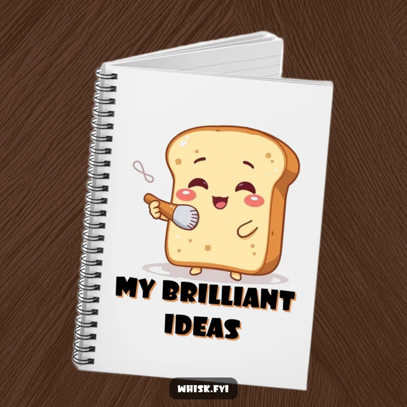 Funny notebook with a giggling bread slice character dusting flour with a tiny brush, perfect for creative notes and baking ideas.