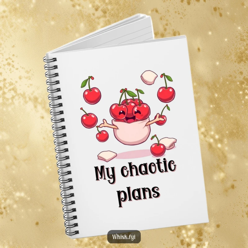 Funny playful bunch of cherries character juggling flour sacks on the cover of a baking notebook.