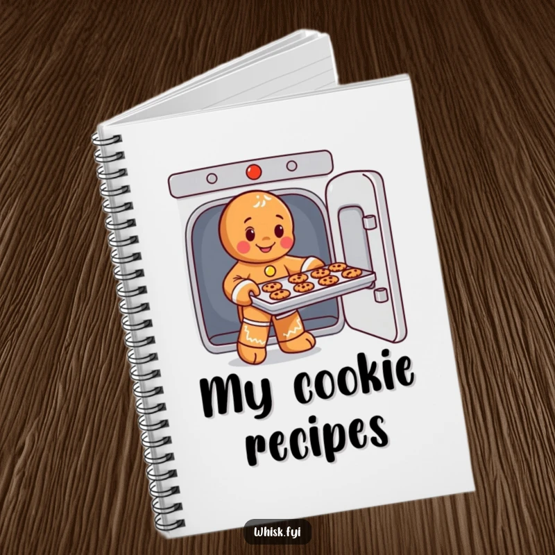 Funny notebook with a playful gingerbread man character baking cookies, perfect for jotting down recipes and baking notes.