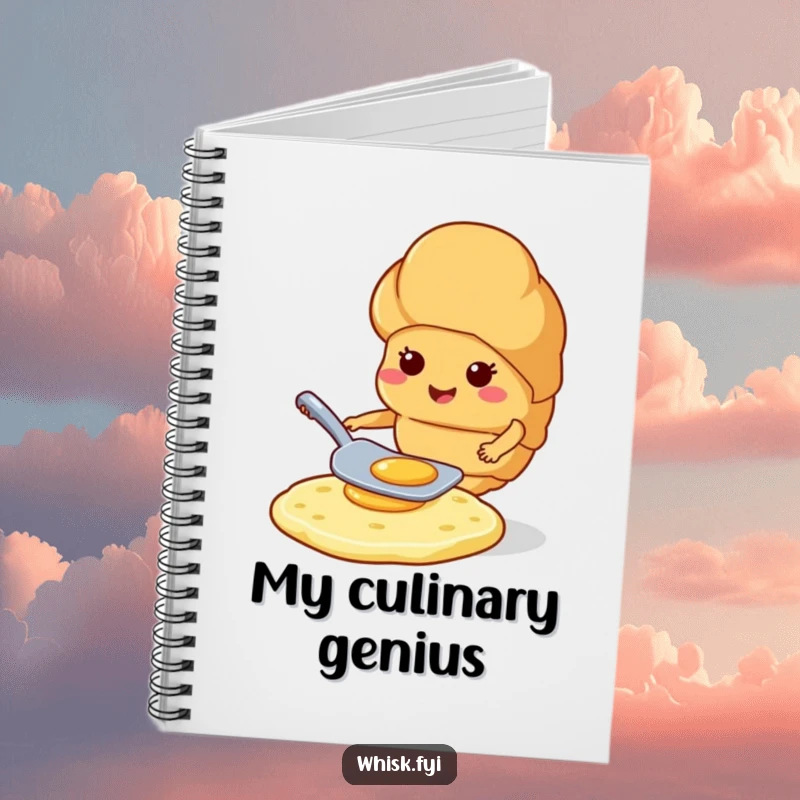 Funny smiling croissant expertly flipping a pancake with a spatula on a humorous notebook cover.